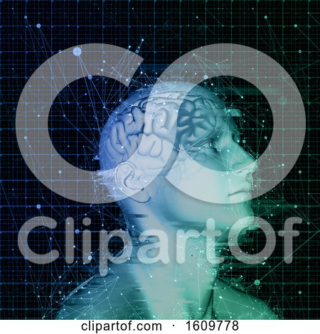 3D Male Figure with Brain Highlighted with Connecting Lines and Dots by KJ Pargeter