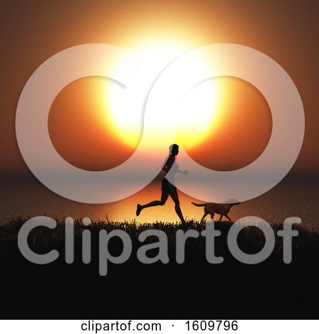 3D Female Jogging with Her Dog Against a Sunset Sky by KJ Pargeter