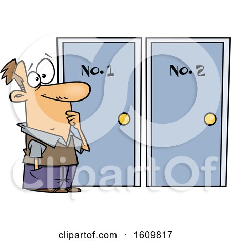 Clipart of a Cartoon White Man Choosing Between Doors - Royalty Free Vector Illustration by toonaday