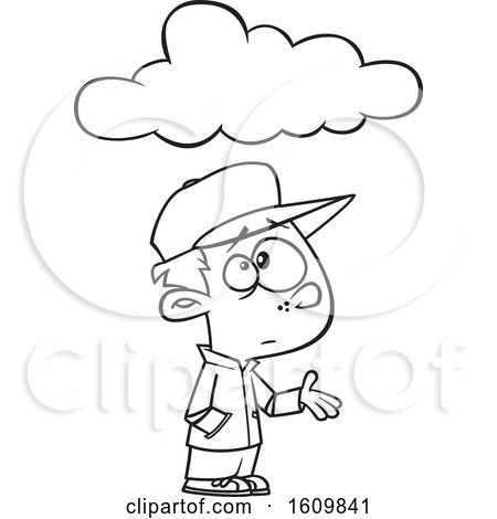 Clipart of a Cartoon Black and White Boy Feeling Under the Weather, with a Cloud - Royalty Free Vector Illustration by toonaday