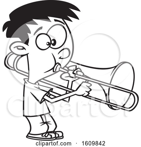 Clipart of a Cartoon Black and White Boy Playing a Trombone - Royalty Free Vector Illustration by toonaday