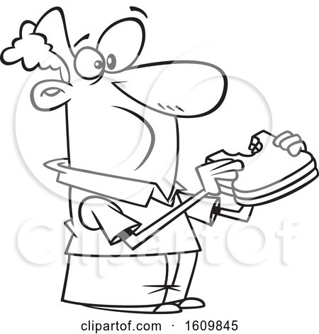 Clipart of a Cartoon Black and White Man Eating a Sandwich - Royalty Free Vector Illustration by toonaday