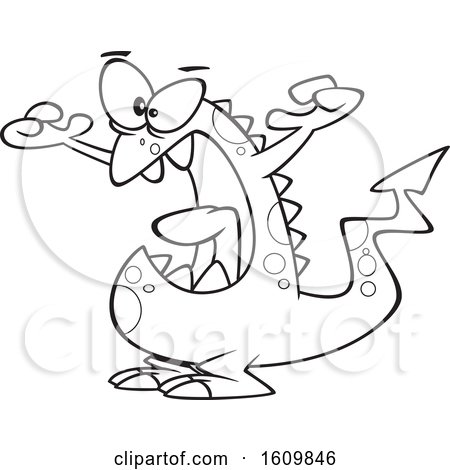 Clipart of a Cartoon Black and White Scary Monster Holding up His Arms - Royalty Free Vector Illustration by toonaday