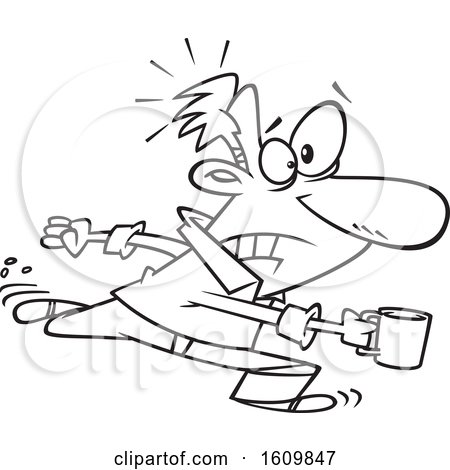 Clipart of a Cartoon Black and White Business Man Rushing for a Coffee Refill - Royalty Free Vector Illustration by toonaday