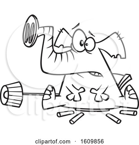 Clipart of a Cartoon Black and White Elephant in the Room, Breaking Furniture - Royalty Free Vector Illustration by toonaday