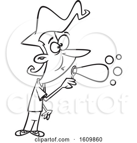 Clipart of a Cartoon Black and White Woman Blowing Bubbles - Royalty Free Vector Illustration by toonaday