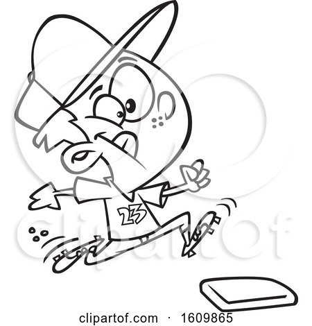Clipart of a Cartoon Black and White Boy Running to a Baseball Base - Royalty Free Vector Illustration by toonaday