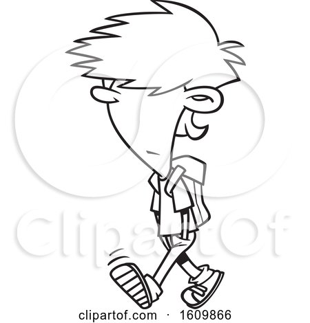 Clipart of a Cartoon Black and White Boy with Messy Hair, Walking to School - Royalty Free Vector Illustration by toonaday