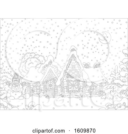 Clipart of a Black and White Fairy Tale Log House with Snow on a Winter Night - Royalty Free Vector Illustration by Alex Bannykh
