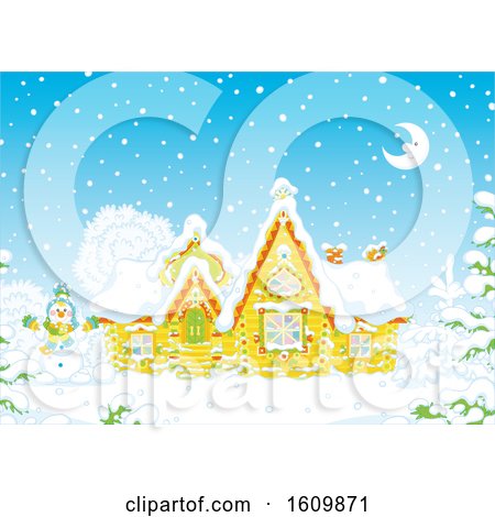 Clipart of a Fairy Tale Log House with Snow on a Winter Night - Royalty Free Vector Illustration by Alex Bannykh