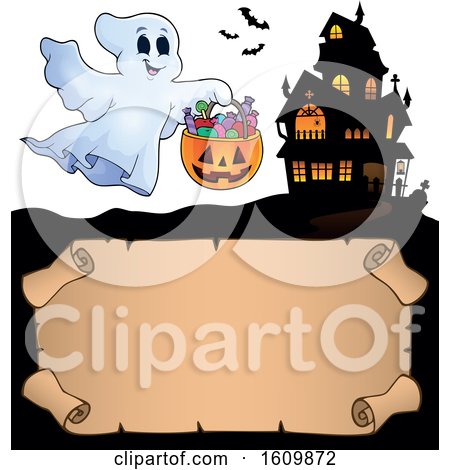 Clipart of a Haunted House with a Ghost Holding a Candy Bucket - Royalty Free Vector Illustration by visekart