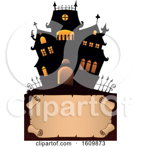 Clipart of a Haunted House over a Parchment Scroll - Royalty Free Vector Illustration by visekart