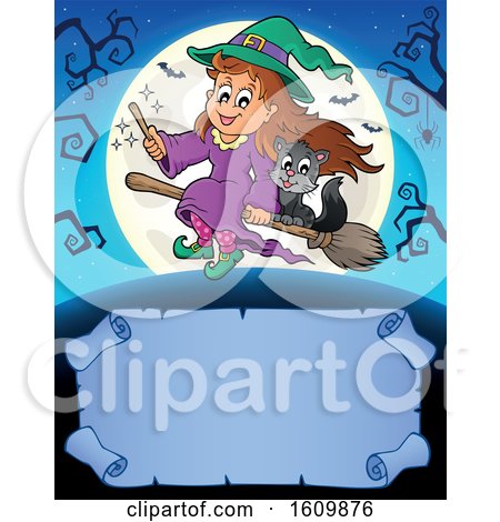 Clipart of a Halloween Witch Girl with with a Cat on a Broomstick over a Scroll - Royalty Free Vector Illustration by visekart