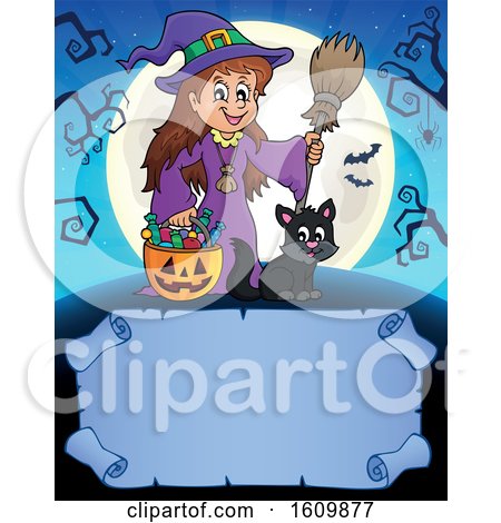 Clipart of a Halloween Witch Girl and Cat over a Blank Scroll - Royalty Free Vector Illustration by visekart