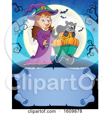 Clipart of a Halloween Witch Girl Pushing Her Cat and Pumpkins in a Wheelbarrow - Royalty Free Vector Illustration by visekart