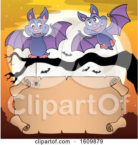 Clipart of a Halloween Full Moon and Vampire Bats with a Scroll - Royalty Free Vector Illustration by visekart