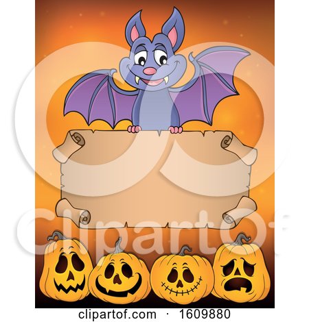 Clipart of a Halloween Vampire Bat Flying with a Scroll over Jackolanterns - Royalty Free Vector Illustration by visekart