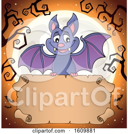 Clipart of a Halloween Vampire Bat Flying with a Scroll - Royalty Free Vector Illustration by visekart