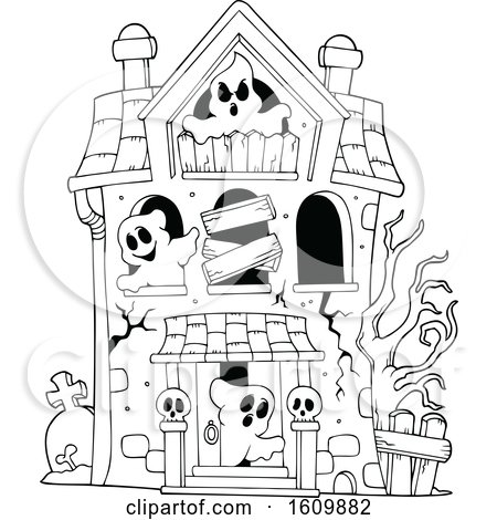 Clipart of a Black and White Haunted House with Ghosts - Royalty Free Vector Illustration by visekart