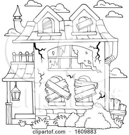 Clipart of a Derelict Black and White House - Royalty Free Vector Illustration by visekart