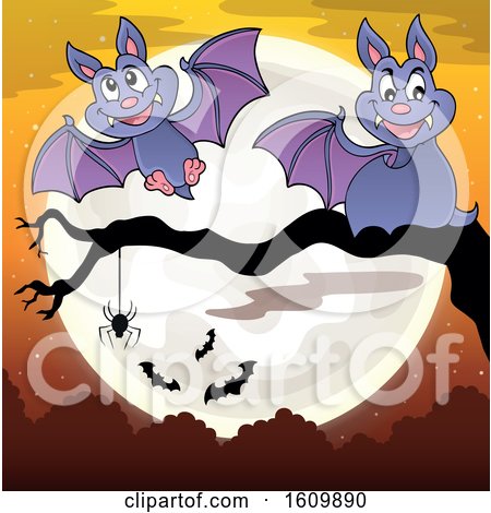 Clipart of a Halloween Full Moon and Vampire Bats - Royalty Free Vector Illustration by visekart