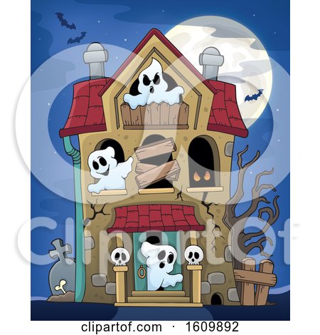 Clipart of a Haunted House with Ghosts - Royalty Free Vector Illustration by visekart
