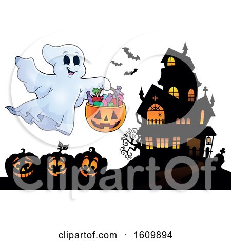 Clipart of a Haunted House with a Trick or Treating Ghost - Royalty Free Vector Illustration by visekart