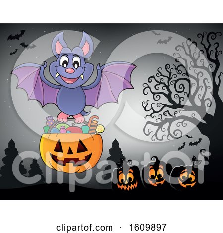Clipart of a Halloween Vampire Bat Flying with a Jackolantern Candy Bucket - Royalty Free Vector Illustration by visekart