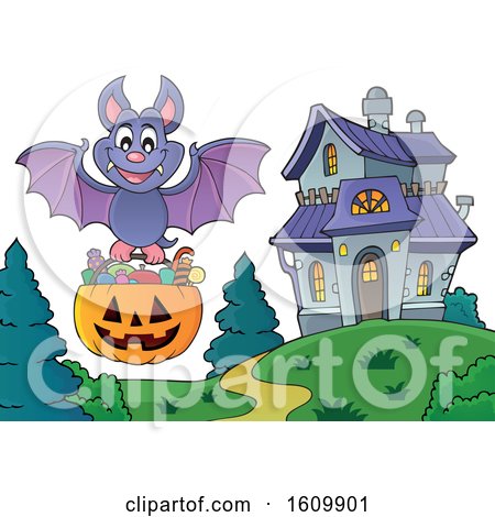 Clipart of a Halloween Vampire Bat Flying with a Jackolantern Candy Bucket - Royalty Free Vector Illustration by visekart