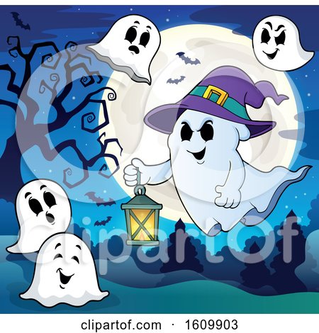Clipart of a Ghost Flying with a Lantern - Royalty Free Vector Illustration by visekart