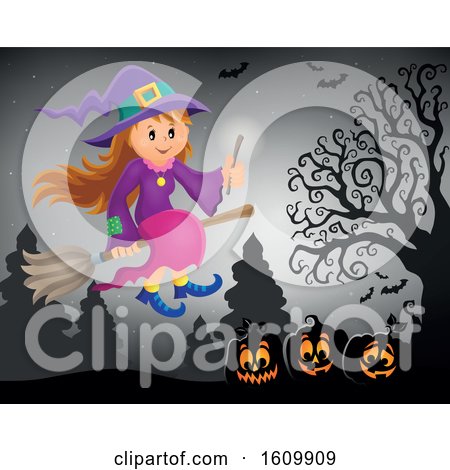 Clipart of a Halloween Witch Girl Flying on a Broomstick - Royalty Free Vector Illustration by visekart
