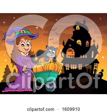 Clipart of a Halloween Witch Girl Pushing Her Cat and Pumpkins in a Wheelbarrow - Royalty Free Vector Illustration by visekart