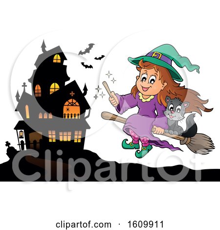 Clipart of a Halloween Witch Girl with with a Cat on a Broomstick near a Haunted House - Royalty Free Vector Illustration by visekart