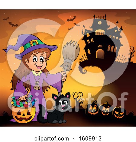 Clipart of a Halloween Witch Girl and Cat over a Blank Scroll - Royalty Free Vector Illustration by visekart