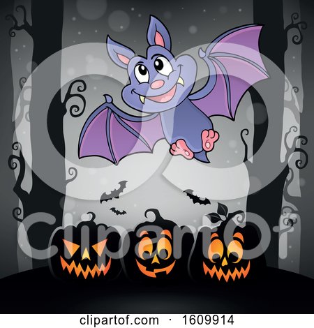 Clipart of a Halloween Vampire Bat over Jackolanterns - Royalty Free Vector Illustration by visekart