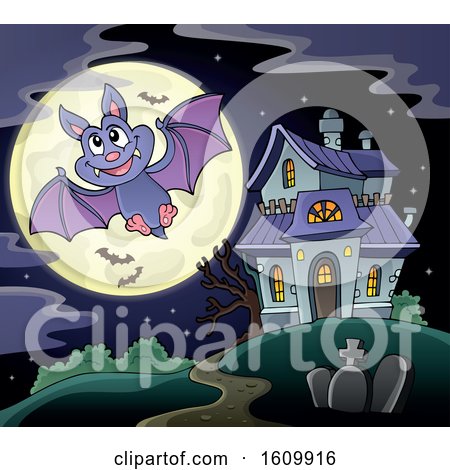 Clipart of a Halloween Vampire Bat Flying by a Haunted House - Royalty Free Vector Illustration by visekart