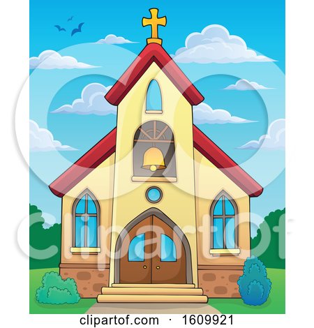 Clipart of a Church Building Exterior Against a Cloudy Blue Sky - Royalty Free Vector Illustration by visekart