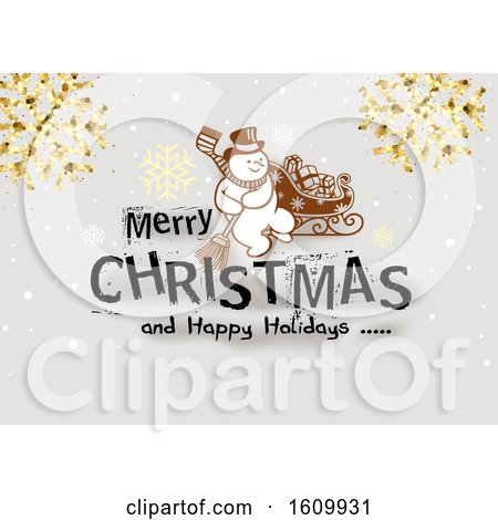 Clipart of a Merry Christmas and Happy Holidays Greeting with a Snowman and Snowflakes - Royalty Free Vector Illustration by dero