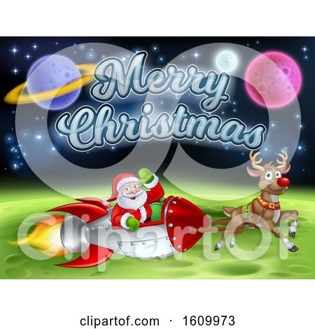 Santa Claus Rocket Sleigh Merry Christmas Cartoon by AtStockIllustration