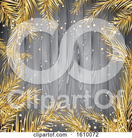 Christmas Background with Gold Fir Tree Branches on a Wooden Texture by KJ Pargeter