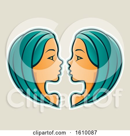 Clipart of Cartoon Styled Persian Green Haired Gemini Twins Icon on a Beige Background - Royalty Free Vector Illustration by cidepix