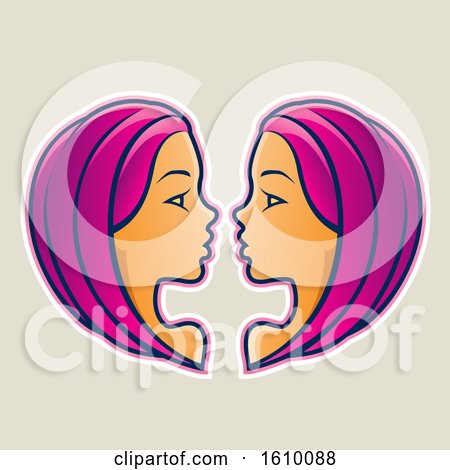 Clipart of Cartoon Styled Magenta Haired Gemini Twins Icon on a Beige Background - Royalty Free Vector Illustration by cidepix