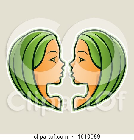 Clipart of Cartoon Styled Green Haired Gemini Twins Icon on a Beige Background - Royalty Free Vector Illustration by cidepix