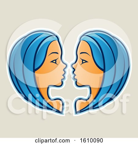 Clipart of Cartoon Styled Blue Haired Gemini Twins Icon on a Beige Background - Royalty Free Vector Illustration by cidepix