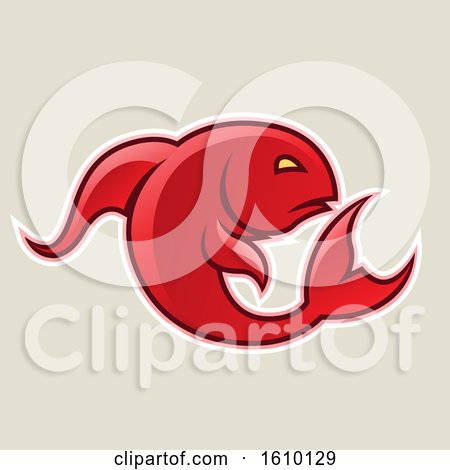 Clipart of a Cartoon Styled Red Jumping Fish Icon on a Beige Background - Royalty Free Vector Illustration by cidepix