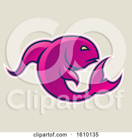 Clipart of a Cartoon Styled Magenta Jumping Fish Icon on a Beige Background - Royalty Free Vector Illustration by cidepix