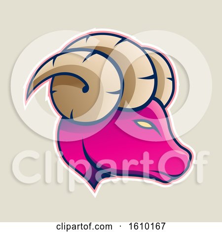 Clipart of a Cartoon Styled Profiled Magenta Ram Mascot Head Icon on a Beige Background - Royalty Free Vector Illustration by cidepix