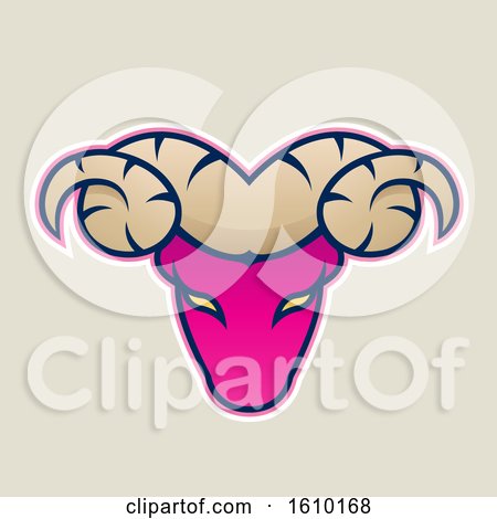 Clipart of a Cartoon Styled Magenta Ram Mascot Head Icon on a Beige Background - Royalty Free Vector Illustration by cidepix