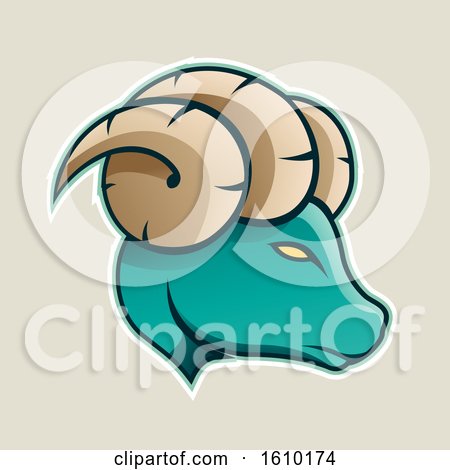 Clipart of a Cartoon Styled Profiled Persian Green Ram Mascot Head Icon on a Beige Background - Royalty Free Vector Illustration by cidepix