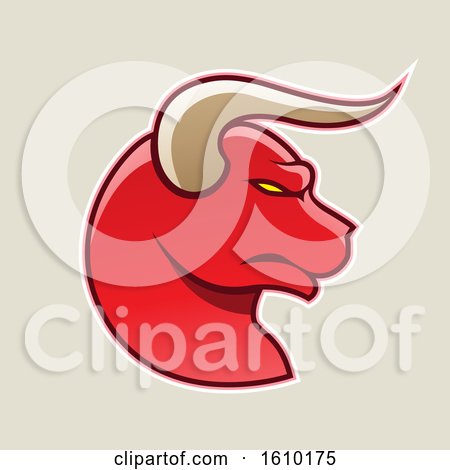 Clipart of a Cartoon Styled Profiled Red Bull Head Icon on a Beige Background - Royalty Free Vector Illustration by cidepix